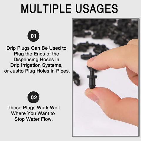 Close-up of a hand holding Drip Irrigation Barbed End Cap Plugs One Quarter Inch Pack of 100 for Leak Free Tubing Plugs in gardens.