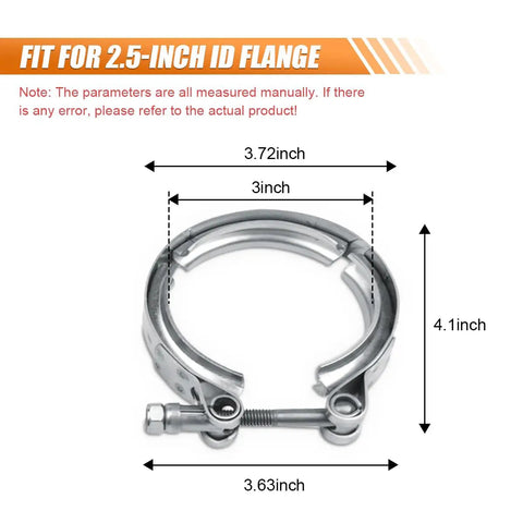 2.5 Inch V Band Clamp For Exhaust Systems And Downpipes shown with dimensions for precise fitting, stainless steel automotive v clamp.