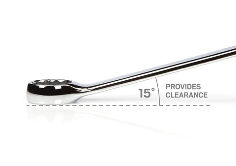 46-Piece Combination Wrench Set With 19 Inch Wrenches And 27 Metric Wrenches showing 15° offset angle for clearance