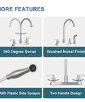Brushed Nickel Kitchen Faucet With Sprayer, 2-Handle High Arc Sink Faucet, 360 Degree Swivel, SUS304 Stainless Steel