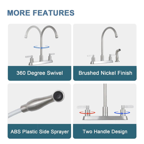 Brushed Nickel Kitchen Faucet With Sprayer, 2-Handle High Arc Sink Faucet, 360 Degree Swivel, SUS304 Stainless Steel