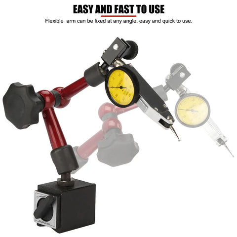 Lever Type Dial Test Indicator Set With Magnetic Base Pro Grade, 32mm Dial, Rotating Bezel, 200mm Flexible Arm, 0 to 0.8mm Range, 0.01mm Resolution, Shockproof Precision for Runout, Parallelism and Concentricity on magnetic base