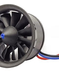 Close-up of 50mm EDF Brushless Motor With 4900KV On 3S LiPo For RC Jet Aircraft, showing fan blades and soldered banana plug