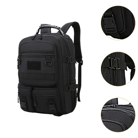 Black rugged hiking backpack for outdoor adventures and weekend trips, daypack travel pack with all weather durability, multiple pockets