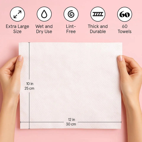 Hands holding ultra soft disposable face towels for travel essentials on the go extra large wipes for cleanse and makeup removal highly absorbent and lint free vegan facial tissues 60 count