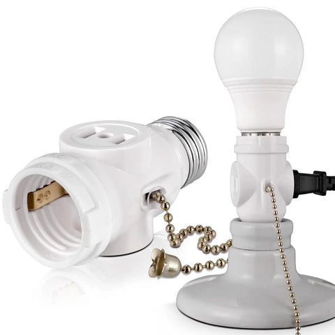 Two Outlet E26 Socket Adapter Set With Pull Chain Switch Converts Medium Screw Socket To Dual Outlets UL Listed White Handy Lamp Power Splitter