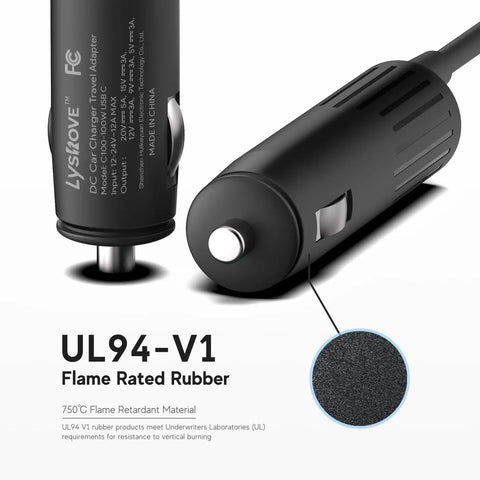 100W USB C Car Charger And PD Fast Power Adapter with UL94-V1 flame rated rubber, black, vehicle power adapter detail view