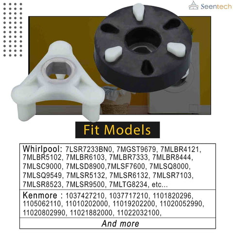 Seentech metal-core motor coupling kit for Whirlpool/Kenmore washers; front view shows white y-coupler and black hub
