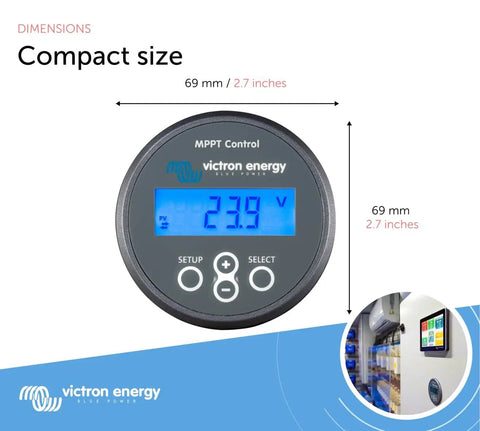 MPPT Solar Charge Controller with Remote Monitoring, compact size display, 69 mm dimensions for efficient battery charging on the go.