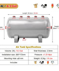 Heavy Duty Carbon Steel Air Reservoir Tank 6.3 Gallon Portable Storage Container showing specifications and fittings.