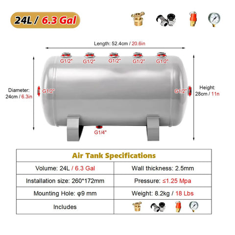 Heavy Duty Carbon Steel Air Reservoir Tank 6.3 Gallon Portable Storage Container showing specifications and fittings.