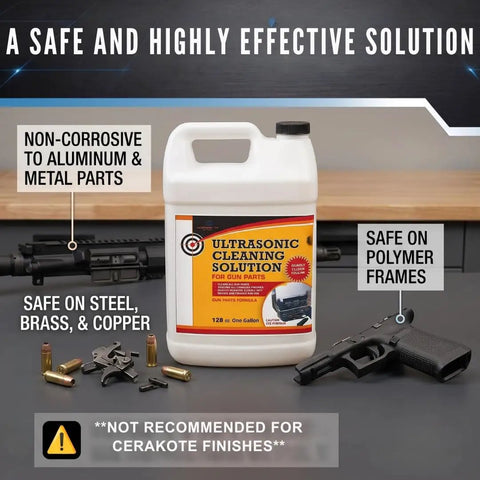 Slap It In Your Tank For A Spotless Finish With This Heavy Duty Ultrasonic Gun Cleaner Solution Concentrate For Metal Firearms Carbon Removal And Tool Degreasing One Gallon with jug on display and firearm parts.
