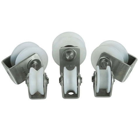 Heavy Duty Nylon Pulleys For Inverted Track Sliding Gate Kit With 201 Stainless Steel Bracket Fixed Guide Rail And Double Bearing Rollers Smooth Rust Proof Ultra Durable For Industrial Carts And Rolling Gates Pack Of 2 68 Mm Wheels set displayed from front.