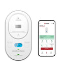 Smart Carbon Monoxide Detector And Indoor Air Quality Monitor With Real Time Alerts No Subscription Needed Plug In With Battery Backup 2 4 GHz Wi Fi Rotating Plug 85 dB Alarm IAQ Insights For Homes next to smartphone app display