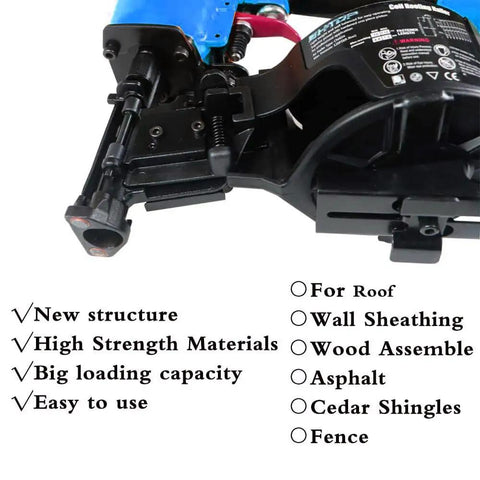 15 Degree Roofing Nailer With Low Recoil For Three Quarter To One And Three Quarter Inch Coil Nails close-up showing features