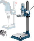 Rock Solid Drill Press Stand For Hand Drill With Vise and Adjustable Holder for Precision Vertical Drilling, shown with components