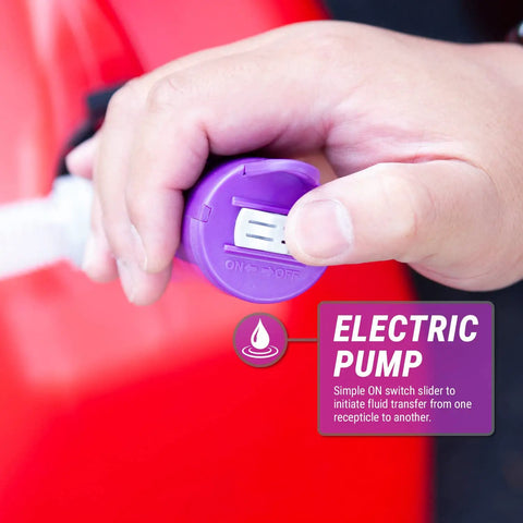 Portable Battery Powered Fuel Transfer Pump With Auto Stop Sensor No Mess 2 Ft Hose 2.4 GPM Flow For Gas And Diesel Easy Fill Loud Beep Alert Requires 2 D Batteries (Not Included), ON switch close-up