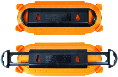 Heavy Duty Outdoor IP44 Protective Case, rugged orange and black design, secures plugs and sockets for outdoor extension cords.