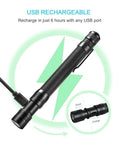 Rechargeable Pen Flashlight With USB Charging Ultra Compact 5.7 Inch EDC Light fully zoomable shown charging via USB cable.