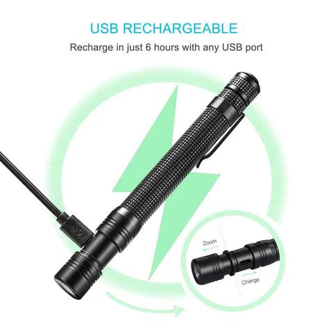 Rechargeable Pen Flashlight With USB Charging Ultra Compact 5.7 Inch EDC Light fully zoomable shown charging via USB cable.