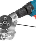 Front view of CZS sheet metal cutter drill attachment (nibbler) mounted on a blue electric drill with metal cutting head.