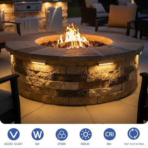 Fire pit with 8 Pack 7 Inch LED Retaining Wall Lights For Landscaping And Hardscape Lit 12V Paver Lights illuminating stones