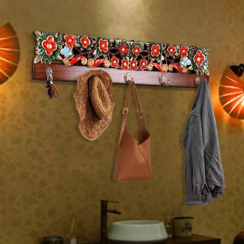 Handcrafted Wooden Wall Mounted Coat Rack Hook Multi Purpose Storage For Entryway Mudroom Bedroom with decorative floral design.