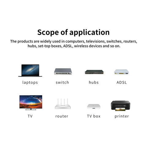 Scope of application for Cat6 RJ45 Modular Plug Connectors With Load Bar Gold Plated, showing compatible devices like laptops, routers, and printers.
