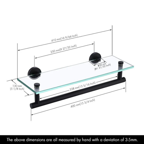 Space Saving 16 Inch Glass Shower Shelf With Towel Bar Floating Wall Mount Tempered Glass Matte Black Finish SUS304 Stainless Steel