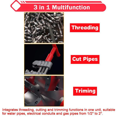Industrial Strength Electric Pipe Threading Machine And Cutter Tool 1/2 To 2 Inch Npt Dies 110V showing threading, cutting, and trimming features.