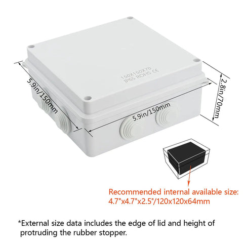 Rugged ABS Junction Box IP65 Waterproof Dustproof Enclosure, Universal Surface Mount Electrical Box White 5.9 x 5.9 x 2.8 Inches for Outdoor Projects and DIY Electrical Installations showing size labels