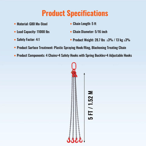 Four-chain steel lifting sling with red master link and four red hooks, 5 ft long.