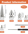 Badass 220 Piece Punk Spike And Stud Hardware Kit For Clothing Leather Crafting Includes Tapered Cone Fasteners Extra Long Screws Premium Metal Set sizes and quantities displayed.