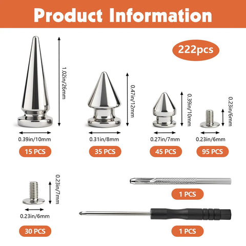 Badass 220 Piece Punk Spike And Stud Hardware Kit For Clothing Leather Crafting Includes Tapered Cone Fasteners Extra Long Screws Premium Metal Set sizes and quantities displayed.