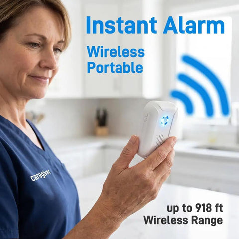 Caregiver holding Motion Sensor Doorbell For Elder Care And Dementia Patients in a kitchen, illustrating wireless portability.