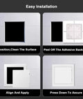Installation steps for Sleek Abs Plastic Wall Access Panel With Rock Solid Self Adhesive Backing masks wire messes and HVAC vents for a totally clean house makeover easy peel install.