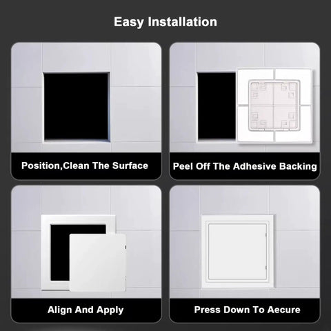 Installation steps for Sleek Abs Plastic Wall Access Panel With Rock Solid Self Adhesive Backing masks wire messes and HVAC vents for a totally clean house makeover easy peel install.