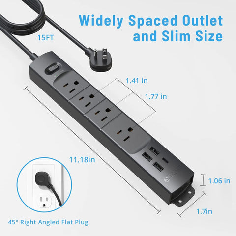 Ultra Thin Surge Protector Power Strip With USB A And Type C, Flat Plug, 15 Ft Extension Cord, Four AC Outlets, 1440J Surge Protection