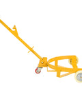 Heavy Duty 55 Gallon Oil Drum Hand Truck Hauler 1200 Lb Capacity Steel Barrel Roller Cart with yellow frame and PU wheels.