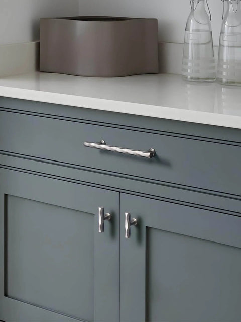 Hammered Silver Brushed Nickel Cabinet Pulls 5 Inch Hole Center 10 Pack For Kitchen Cabinets Bathroom Vanities Dressers Cupboards With Rhombus Design By JIASENBAO installed on a gray cabinet