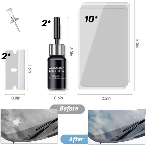 Windshield Repair Kit Two Piece Car Glass Fix Set With Nano Resin Filler For Chips And Cracks Quick Fix That Gets Cracks Gone Glass Kit Auto Windshield Tool with resin bottle, razor blades, plastic sheets, and before/after comparison.