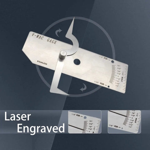 VWAC Undercut Gauge For Welders Stainless Steel Inspection Tool Reads Bead Undercuts Pit Depth Misalignment And Porosity Size In Inches Zero To One Quarter Inch Increments Per Inch Porosity Check, laser-engraved stainless gauge