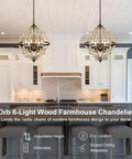 Geometric Orb 6-Light Farmhouse Chandelier With Stardust Finish And Rustic Oak Wood Open Orb Frame in kitchen setting