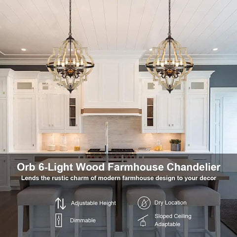 Geometric Orb 6-Light Farmhouse Chandelier With Stardust Finish And Rustic Oak Wood Open Orb Frame in kitchen setting