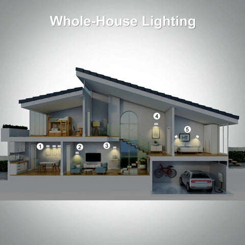 Illustration of a house with multiple rooms showcasing whole-house lighting setup.