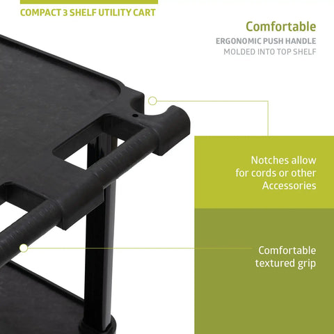 Close-up of black 3 Tier Compact Utility Cart With Lockable Wheels showing ergonomic handle and shelf notches.