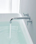Wall Mount Tub Filler Chrome Faucet With Brass Construction, Double Handles, Ceramic Cartridge, One Half Inch NPT Inlets in use