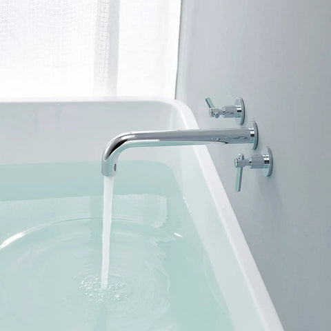 Wall Mount Tub Filler Chrome Faucet With Brass Construction, Double Handles, Ceramic Cartridge, One Half Inch NPT Inlets in use
