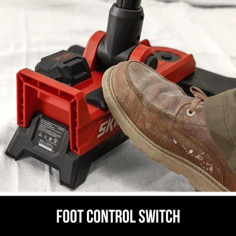 Foot pedal switch detail on Compact Collapsible Tower Work Light With Foot Pedal Switch Hella Bright 12v And 20v Compatible Battery Power Tool Setup For Job Sites Sweet Quick Deploy Light Rig.
