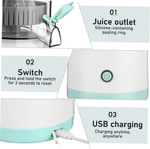 Premium Portable Electric Citrus Juicer showing juice outlet, control switch, and USB charging port for convenience.
